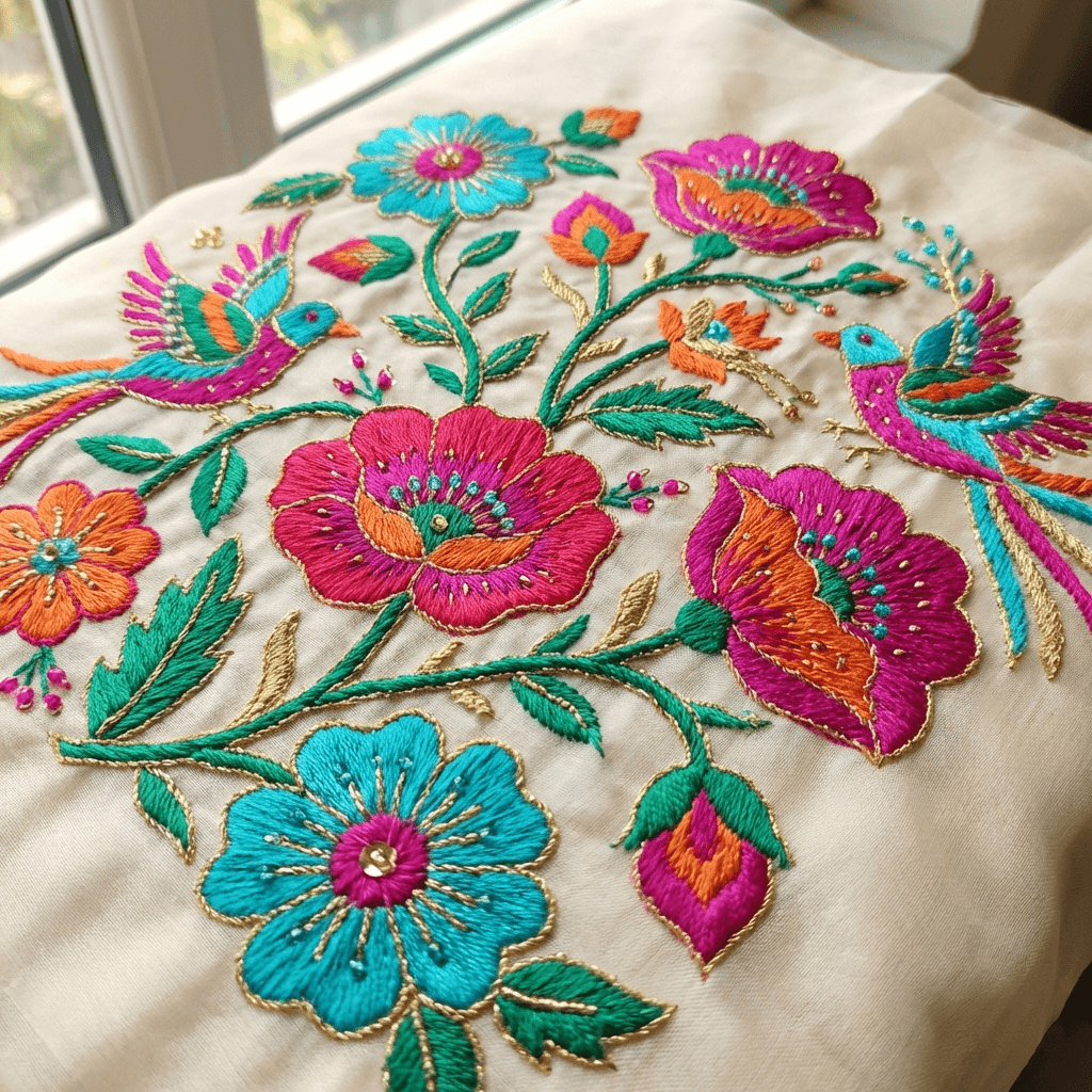 Decorative floating image of elaborate bead work on a bridal lehenga.