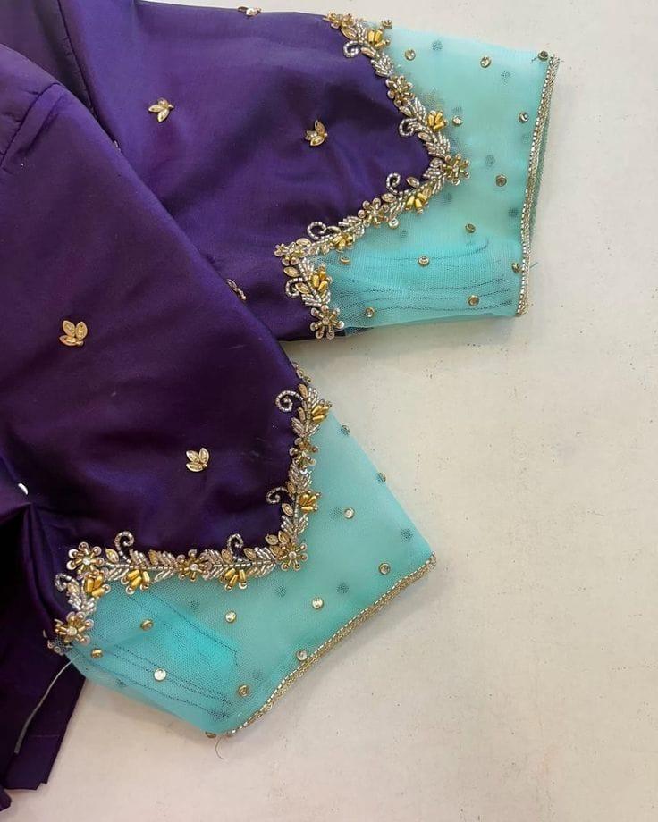 Decorative floating image of elaborate bead work on a bridal lehenga.