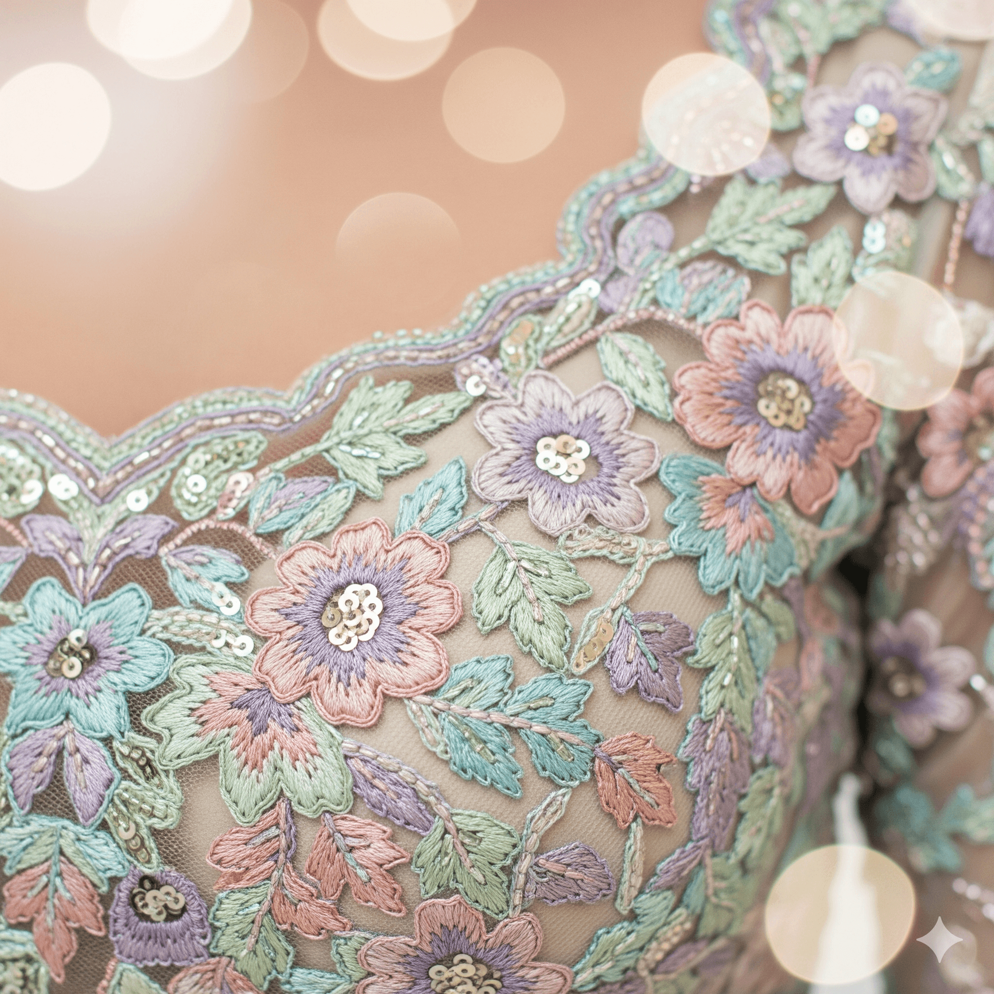 Decorative floating image of elaborate bead work on a bridal lehenga.